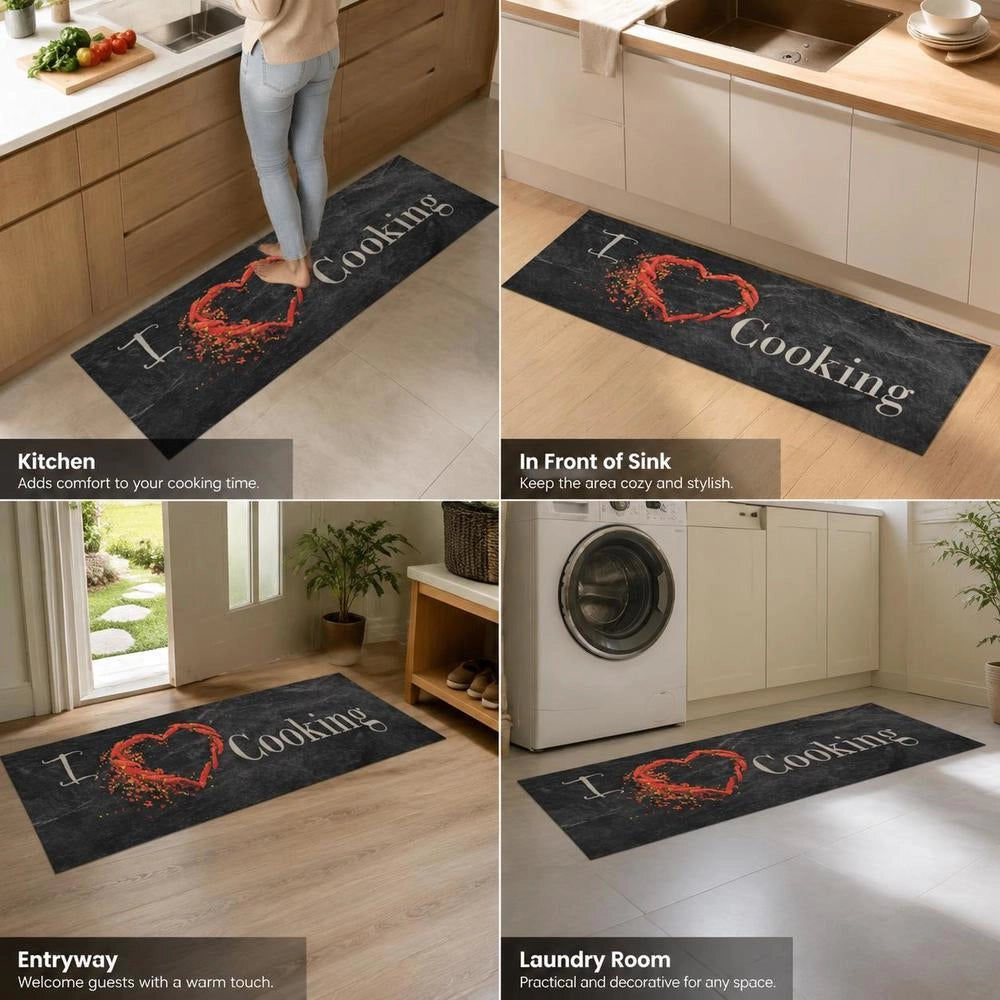 Washable Kitchen Rug, Cooking Design, Black, 60x180 Cm, Velvet