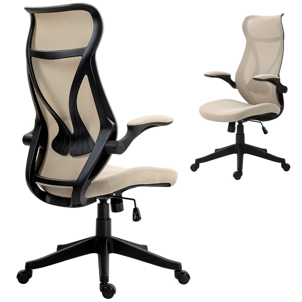 Sedia da Ufficio con Braccioli Ribaltabili, Altezza Regolabile e Schienale Inclinabile, Beige