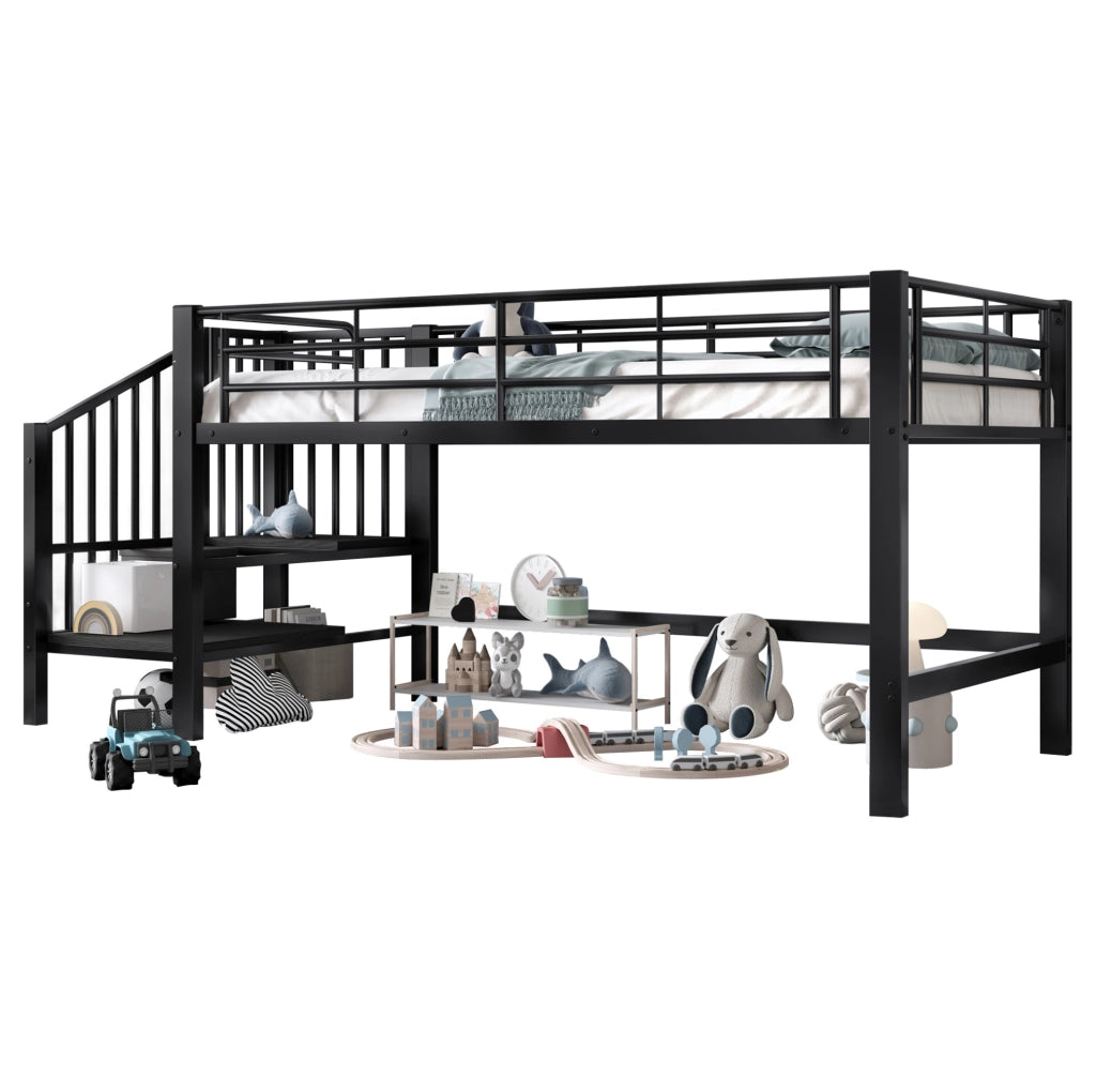 Letto a soppalco 90x200 cm nero in MDF e metallo; scala contenitore