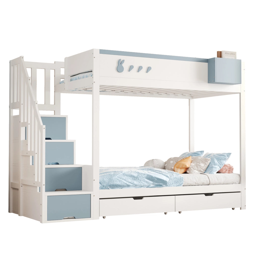 Letto a castello 90x200 cm bianco e blu con cassetti