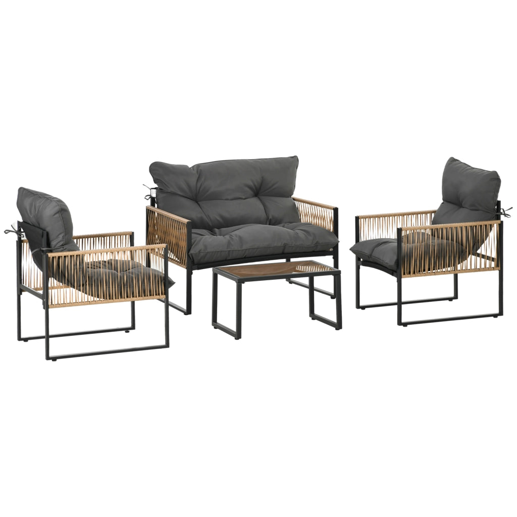 Salottino da giardino in rattan 4 pezzi con tavolino in vetro, colore grigio scuro