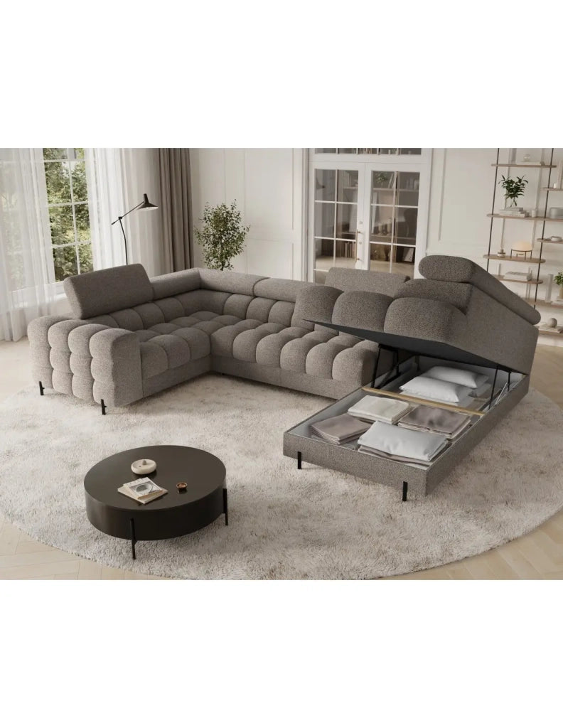Divano panoramico convertibile FACTORY 3 posti marrone – angolo destro con contenitore