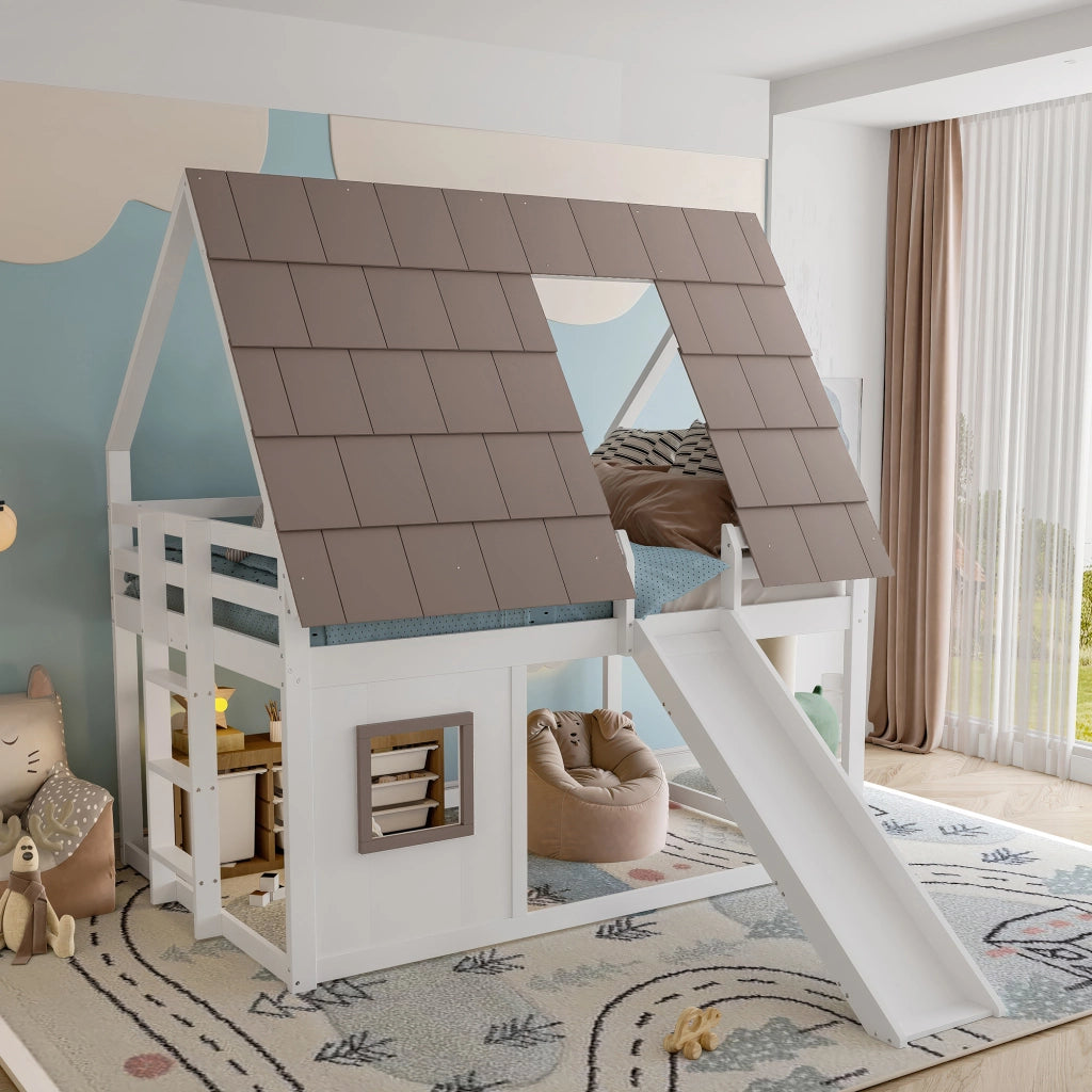 Letto a Castello Matrimoniale 140 x 200 cm con Tetto; Scala e Scivolo; senza Materasso; in Legno e MDF