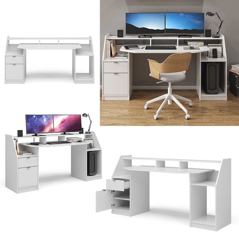 Scrivania computer Joel, Bianco, 179.8 x 65.5 cm, con ripiani per accessori e supporto rialzato per monitor