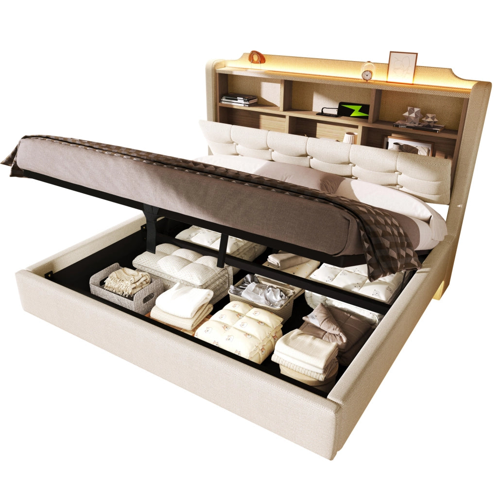 Letto imbottito 140x200 cm con contenitore idraulico; LED; USB e Type-C; beige in lino