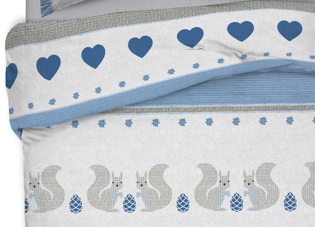 Copripiumino Sacco Piumone Pensieri Delicati 100% Cotone Disegno Scoiattolo - Matrimoniale - Blu