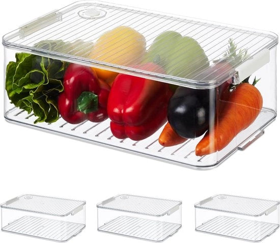 Organizzatore per frigorifero - Set di 4 contenitori trasparenti con coperchio - 105 x 21 x 33 cm - plastica trasparente
