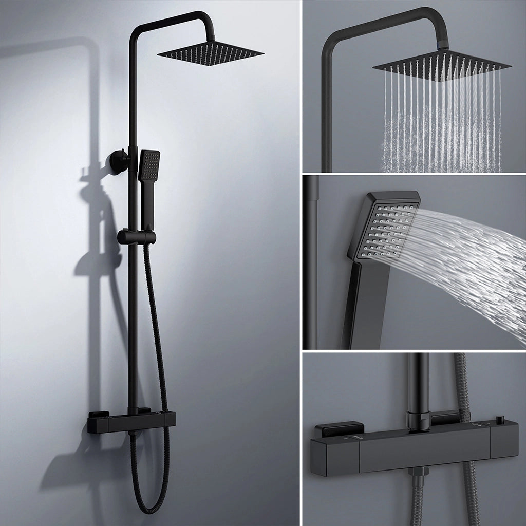 colonna doccia rotonda completo di miscelatore termostatico rettangolo, soffione quadrato 20x20cm, nero