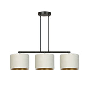 Lampadario 3 Luci Ganesha In Acciaio Nero E Paralumi In Tessuto Beige