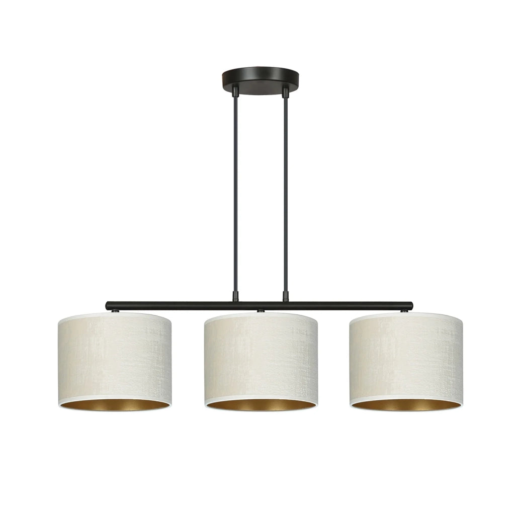 Lampadario 3 Luci Ganesha In Acciaio Nero E Paralumi In Tessuto Beige