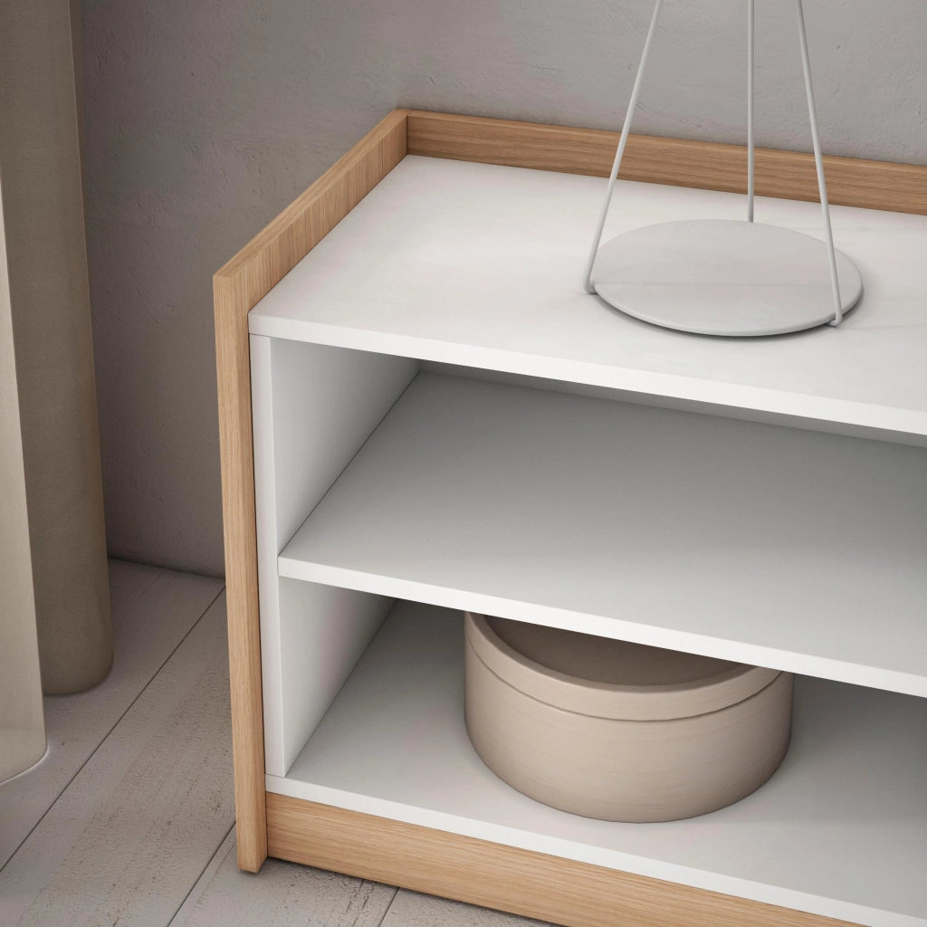 Mobile TV Soggiorno, 310x50x37 cm, Per TV fino a 80", Camino elettrico, Bianco e Rovere soft