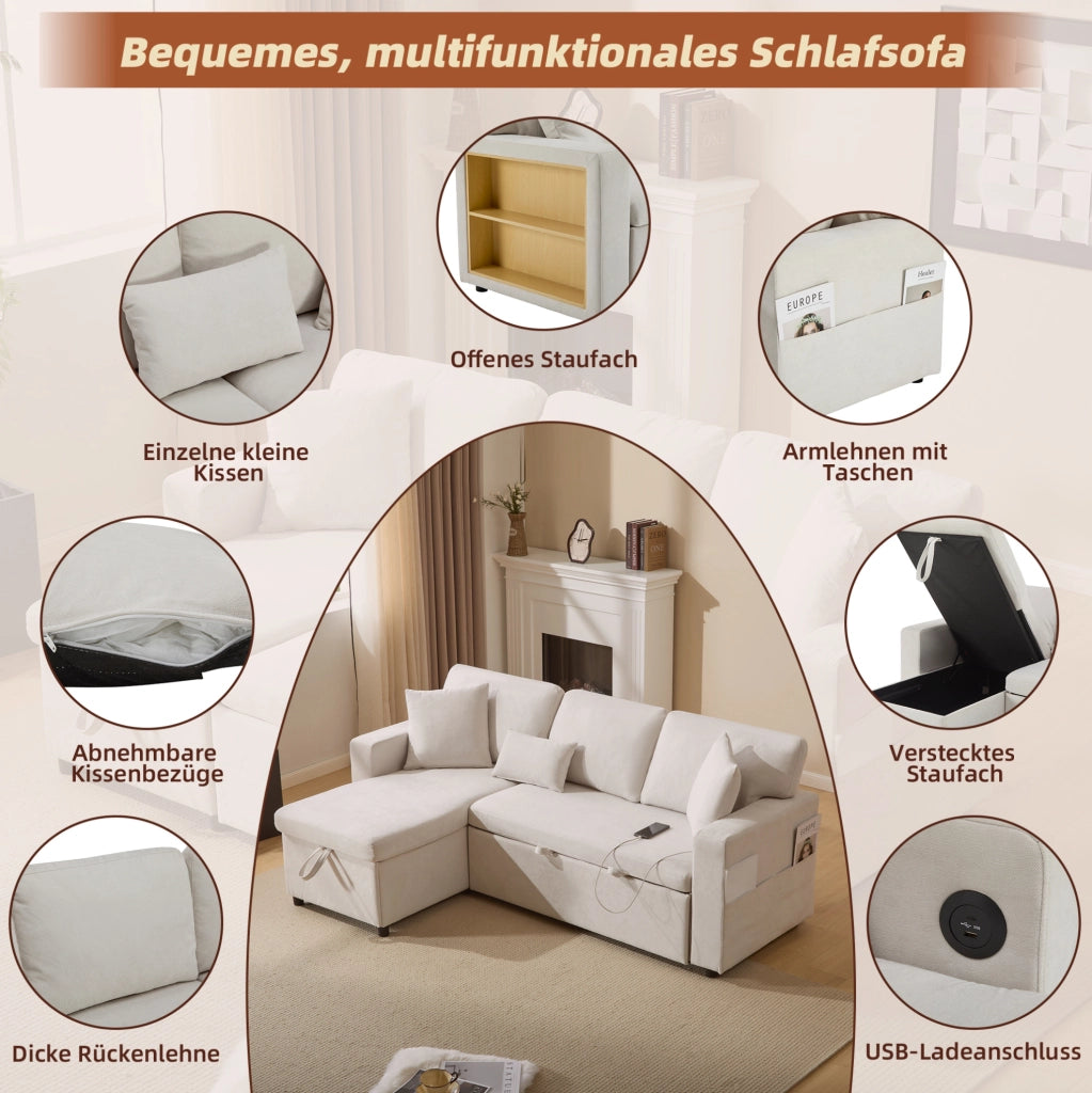 Divano letto angolare beige con USB, contenitore e 3 cuscini