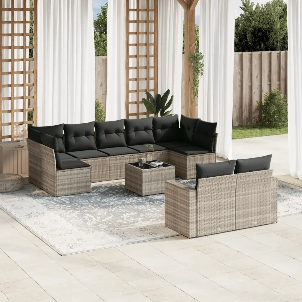 Set Divano Giardino 10 pz con Cuscini Grigio Chiaro Polyrattan