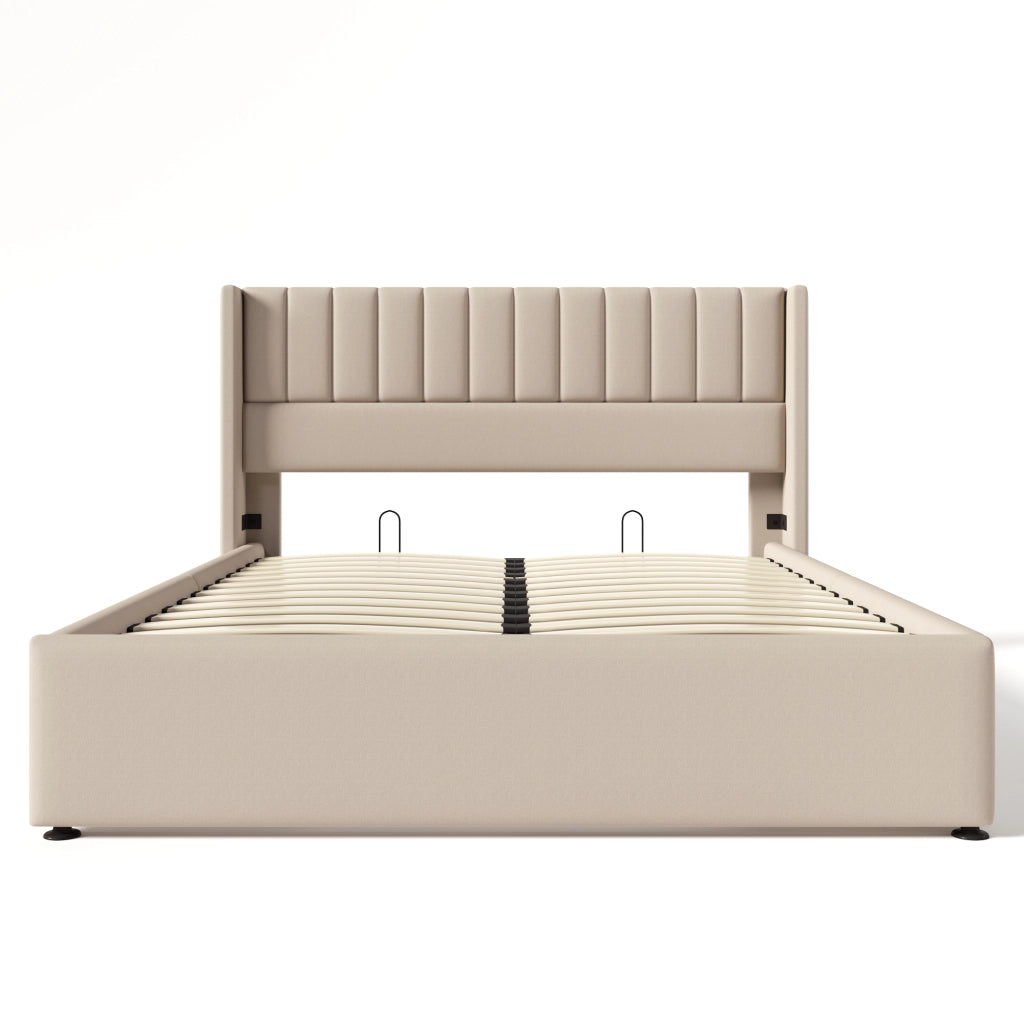 OKWISH Letto Contenitore 160×200 cm, Letto Matrimoniale con Contenitore Idraulico e Testiera Imbottita, senza Materasso, in Lino, Beige