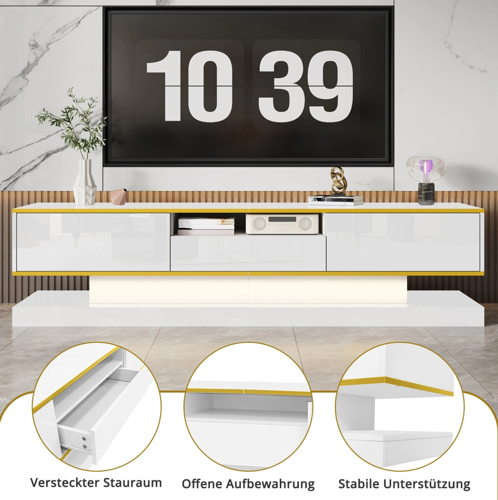 MOBILE TV 180x38x45 cm Bianco lucido con LED multicolore e 3 cassetti