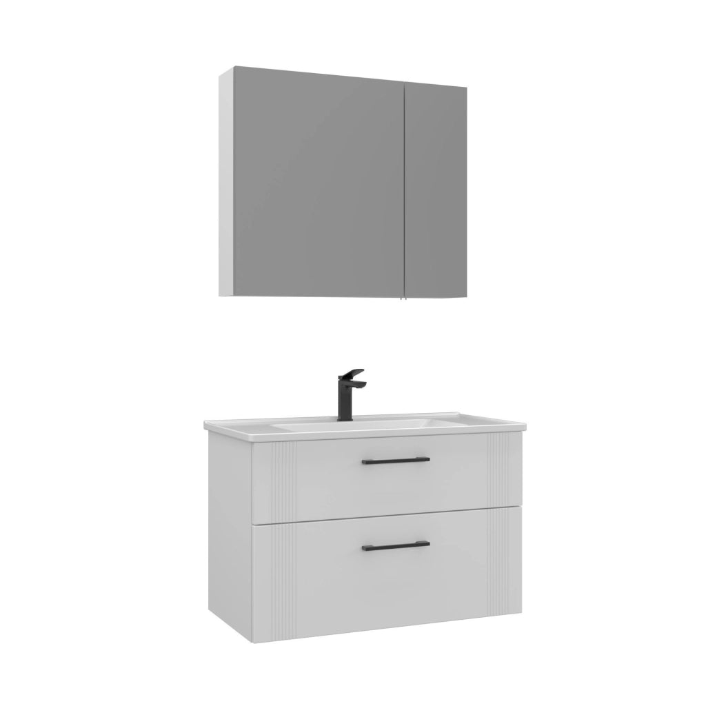 Set mobile lavabo con specchio (2 pezzi) "Bari 85 v2" - 85 x 45 x 55 cm - Bianco opaco