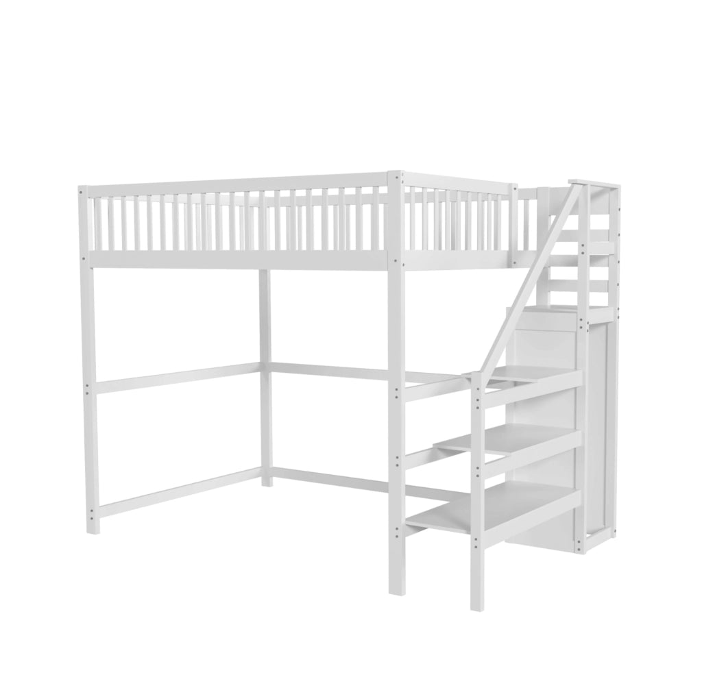 Letto a soppalco 140x200 cm con scala e armadio; legno; bianco (Senza materasso)