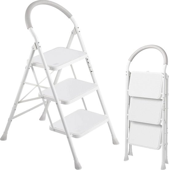 Trapladder a 3 gradini, ripiegabile, con ringhiere e pedale anti-slip ampio, scala metallica portatile, carico massimo 200 kg, colore bianco
