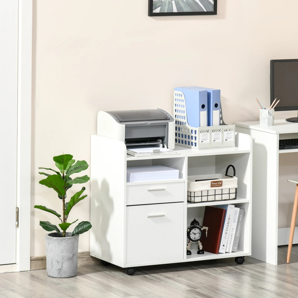 Scrivania per stampante con 3 scomparti, 2 cassetti, scaffale e ruote ¨C zephmum ¨C 80x40x72 cm bianco