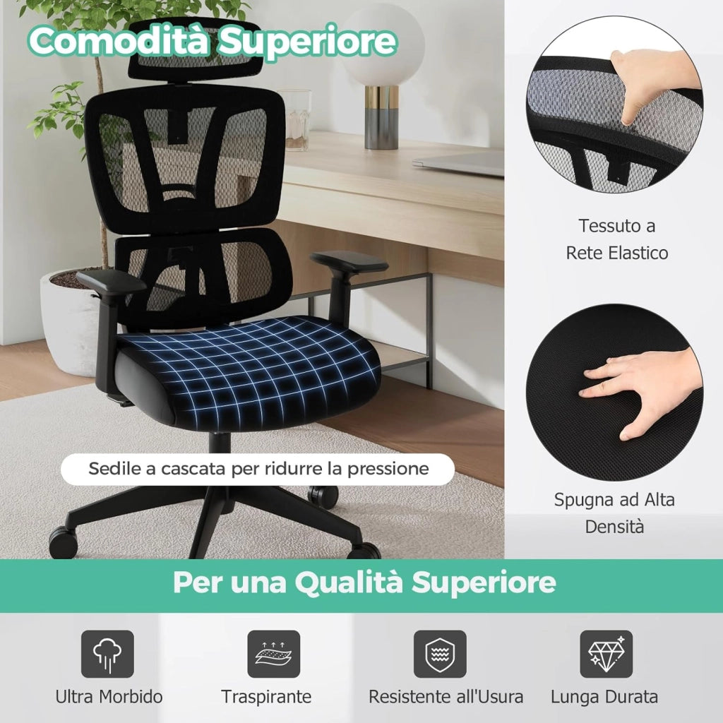 Sedia da Ufficio Ergonomica, Sedia da Scrivania Regolabile e Inclinabile, Sedia Girevole in Rete Traspirante, con Poggiatesta e Braccioli Regolabili, 72 x 72 x 117-126,5 cm