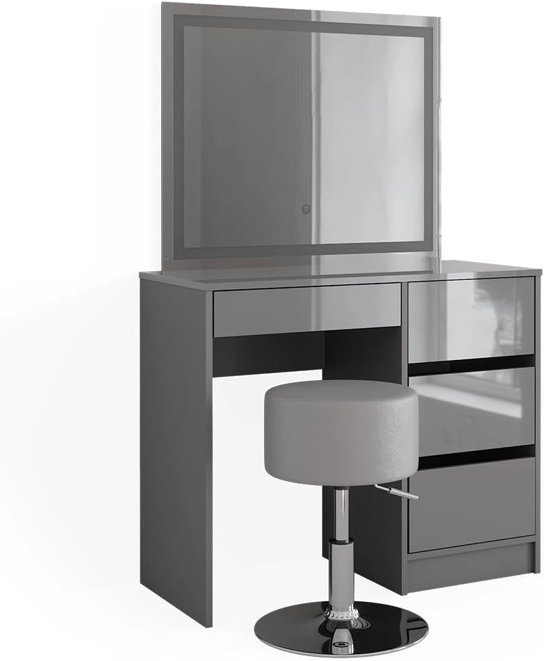 Tavolo da toeletta Sherry, Grigio, 90 cm con specchio LED e sgabello, con illuminazione LED e sedile regolabile in altezza
