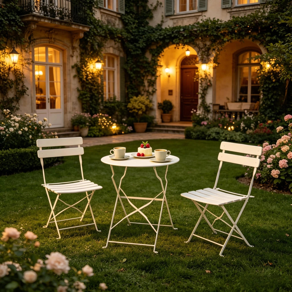 SET TAVOLO E SEDIE DA GIARDINO PIEGHEVOLE Ø 58 cm CREAM METALLO Set da 3 pezzi