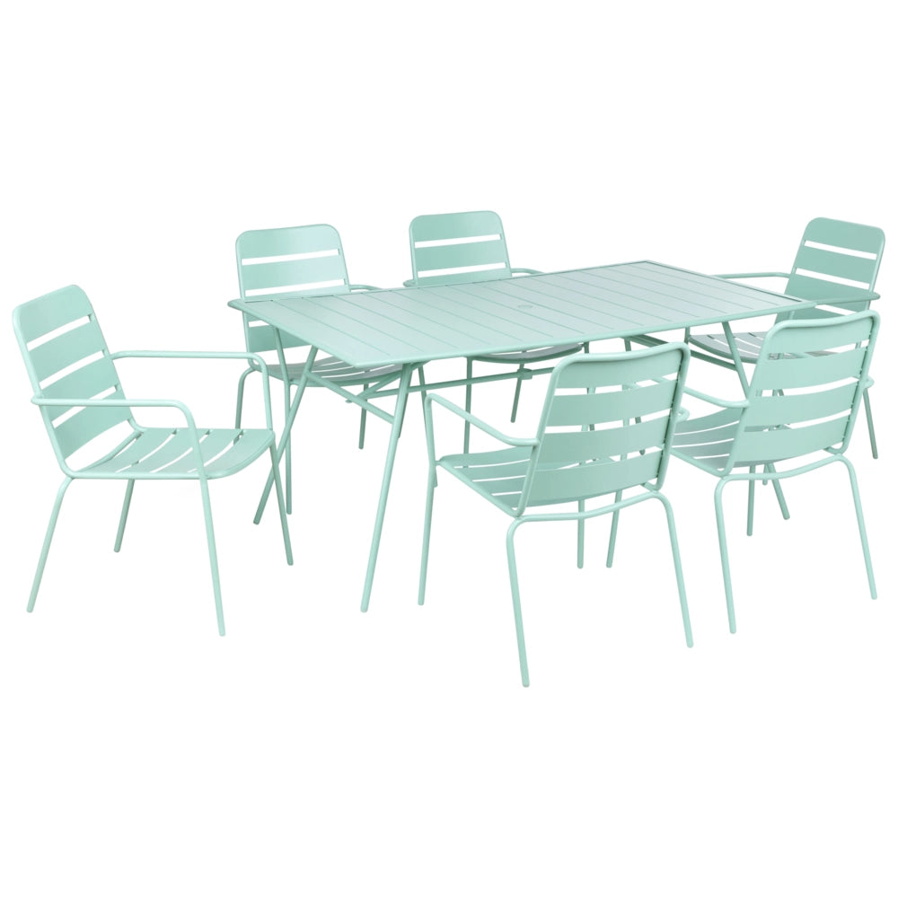 Set da pranzo da giardino per 6 persone con tavolo in ferro con foro centrale e sedie zincate e verniciate a polvere, colore verde menta