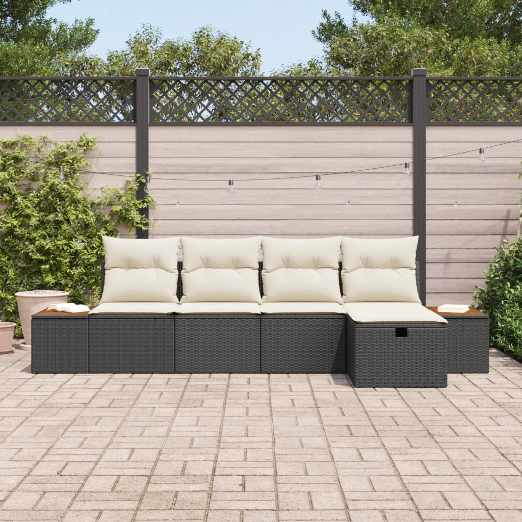Set Divano da Giardino a 5 Pezzi con Cuscini Polyrattan Nero