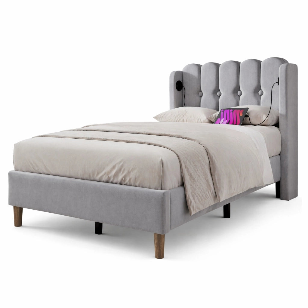Letto singolo imbottito 90x200 cm in lino grigio con testiera USB e USB-C