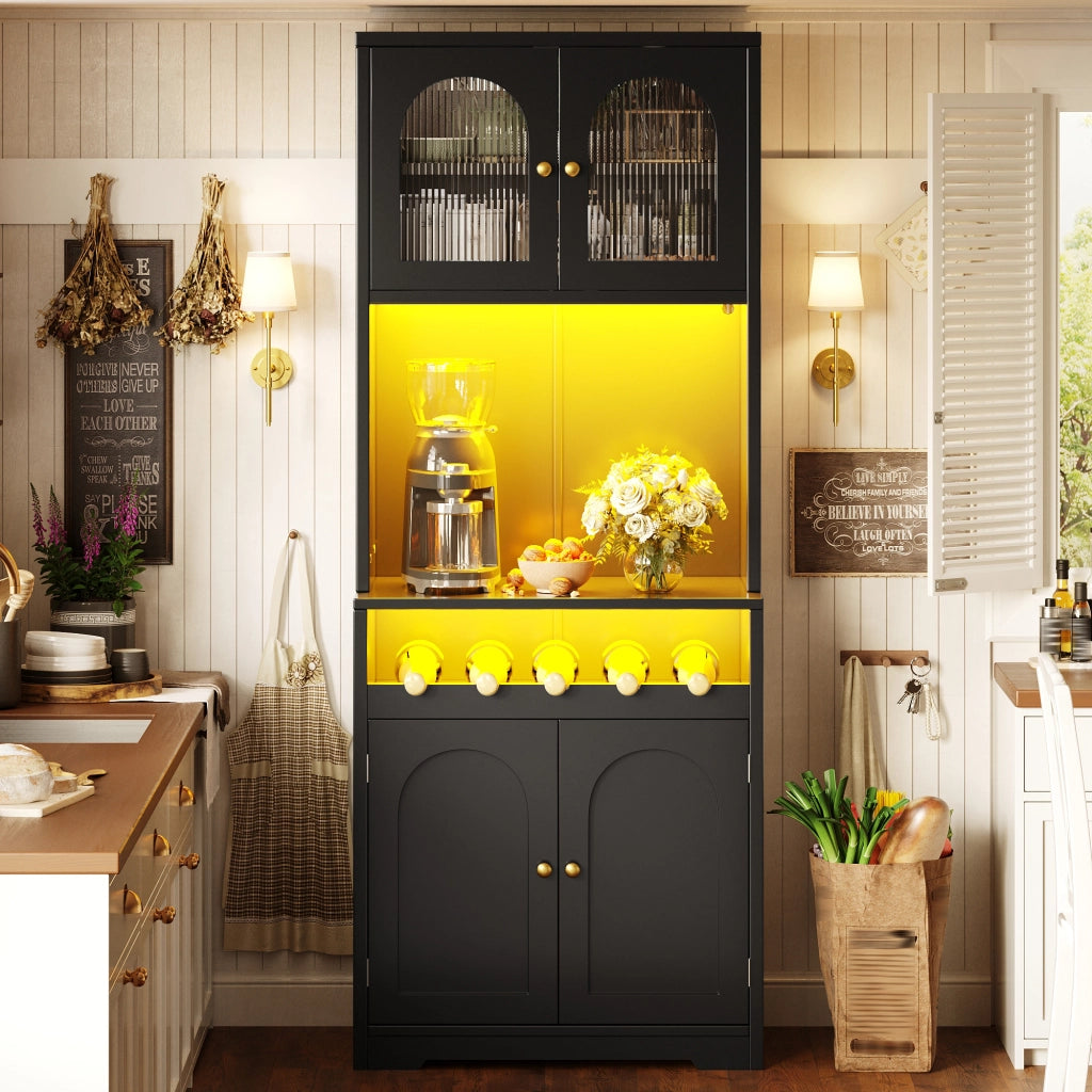 Credenza alta con vetrina, LED RGB app, portabottiglie e ripiani regolabili per cucina, nero, 70 × 38,3 × 180 cm