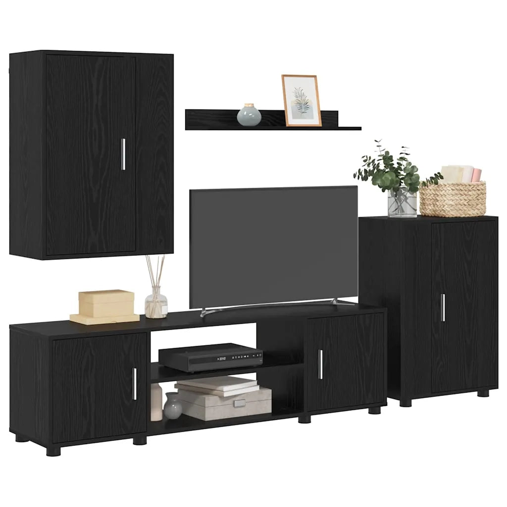 Set mobile TV 4 pz-Set di 4 Credenza per TV Rovere Nero Legno multistrato 360642