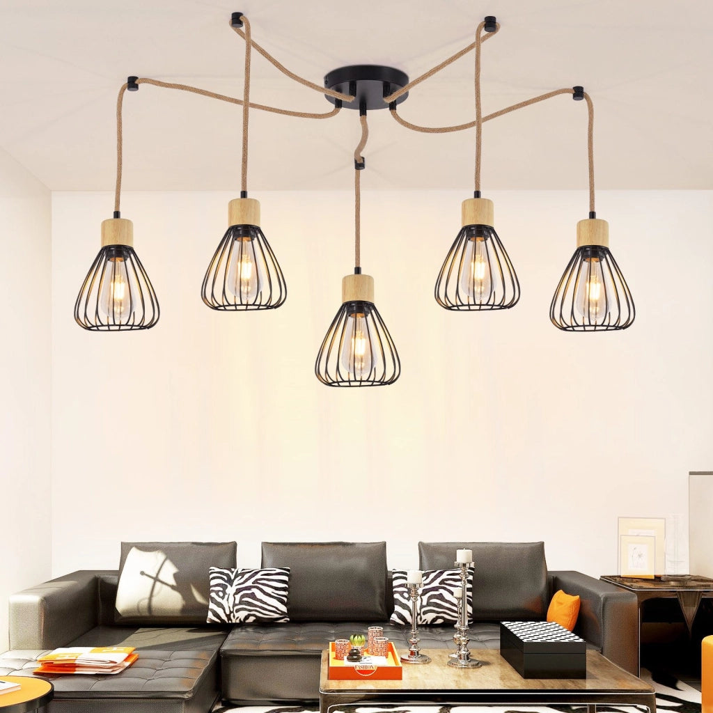 Lampada a Sospensione ZMH nera retro in corda di canapa e legno E27 per sala da pranzo
