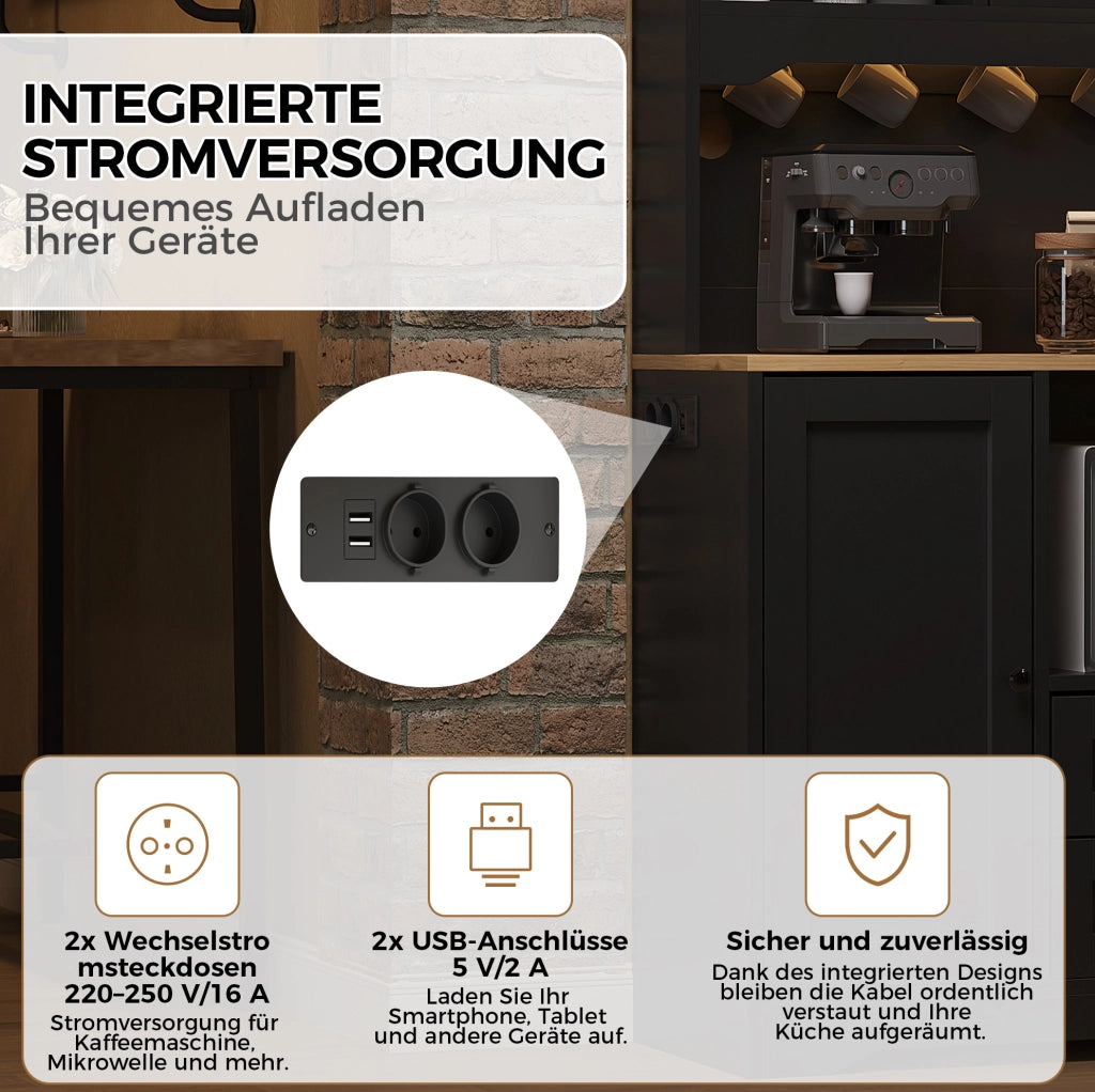 Credenza cucina multifunzione 100x40x163 cm con LED; prese; 2 cassetti e ripiani regolabili; nero