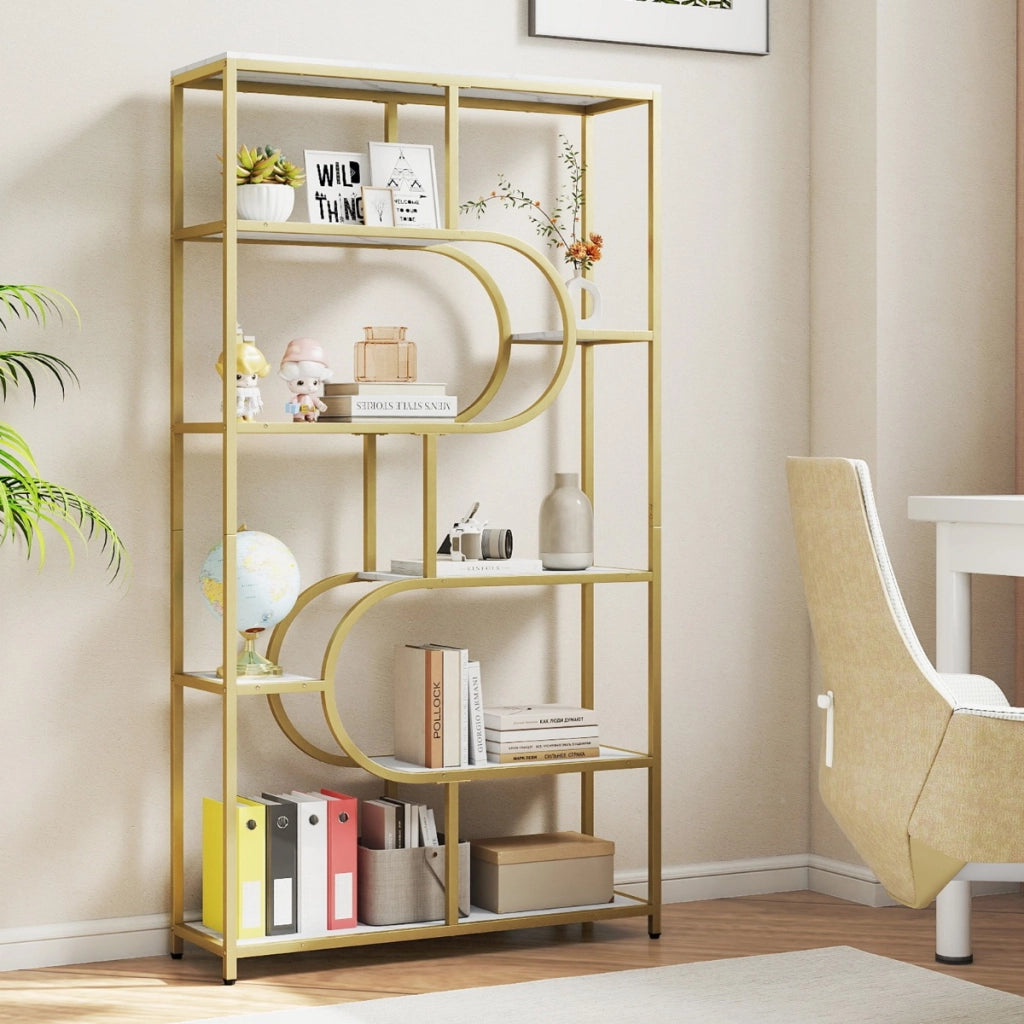 Libreria moderna scaffale per libri con piedini antiscivolo e antiribaltamento-Libreria moderna a 8 ripiani aperti Oro