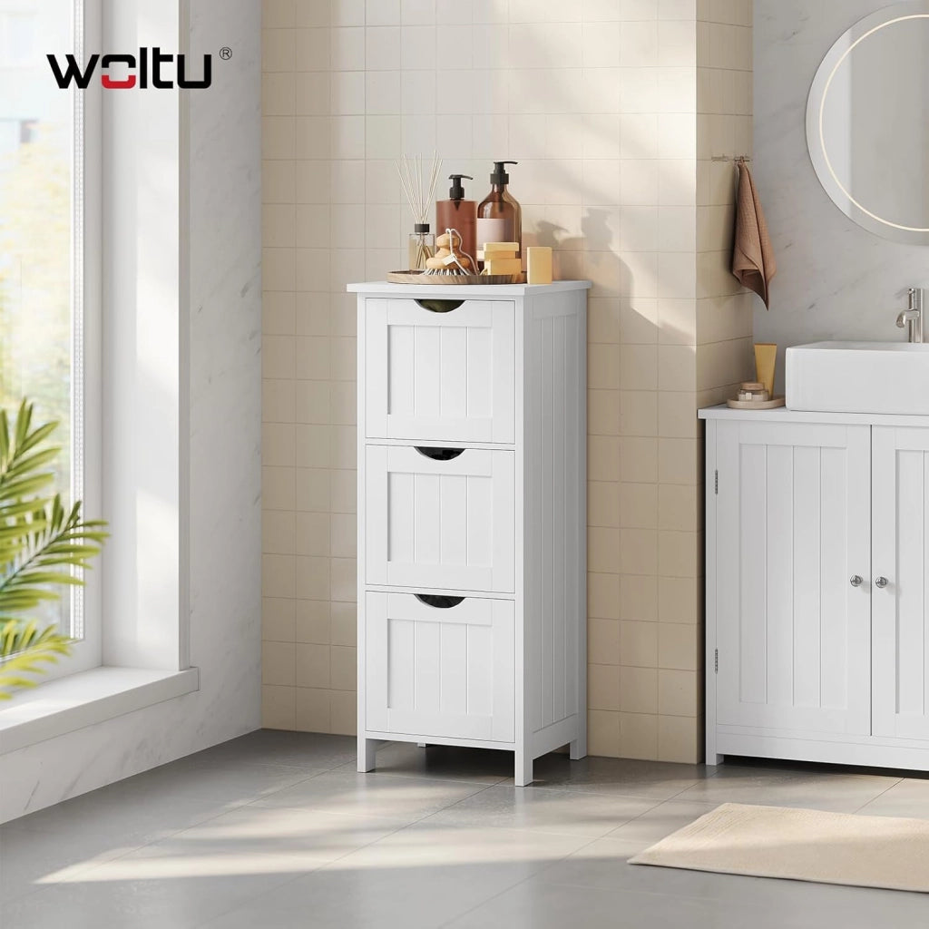 Mobile da Bagno, Mobiletto Bagno Salvaspazio, con 3 Cassetti, 32 x 30 x 81 cm, Armadio Autoportante, per Sala da Pranzo, Cucina, Stile Moderno, Bianco BZS123ws
