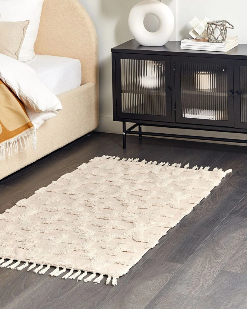 Tappeto in cotone beige 80 x 150 cm motivo geometrico trapuntato minimalista soggiorno camera da letto
