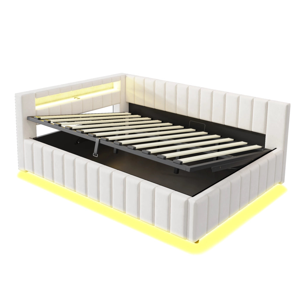 Letto Contenitore 140x200 cm; con LED e USB; in Velluto Beige; con Testiera e Schienale