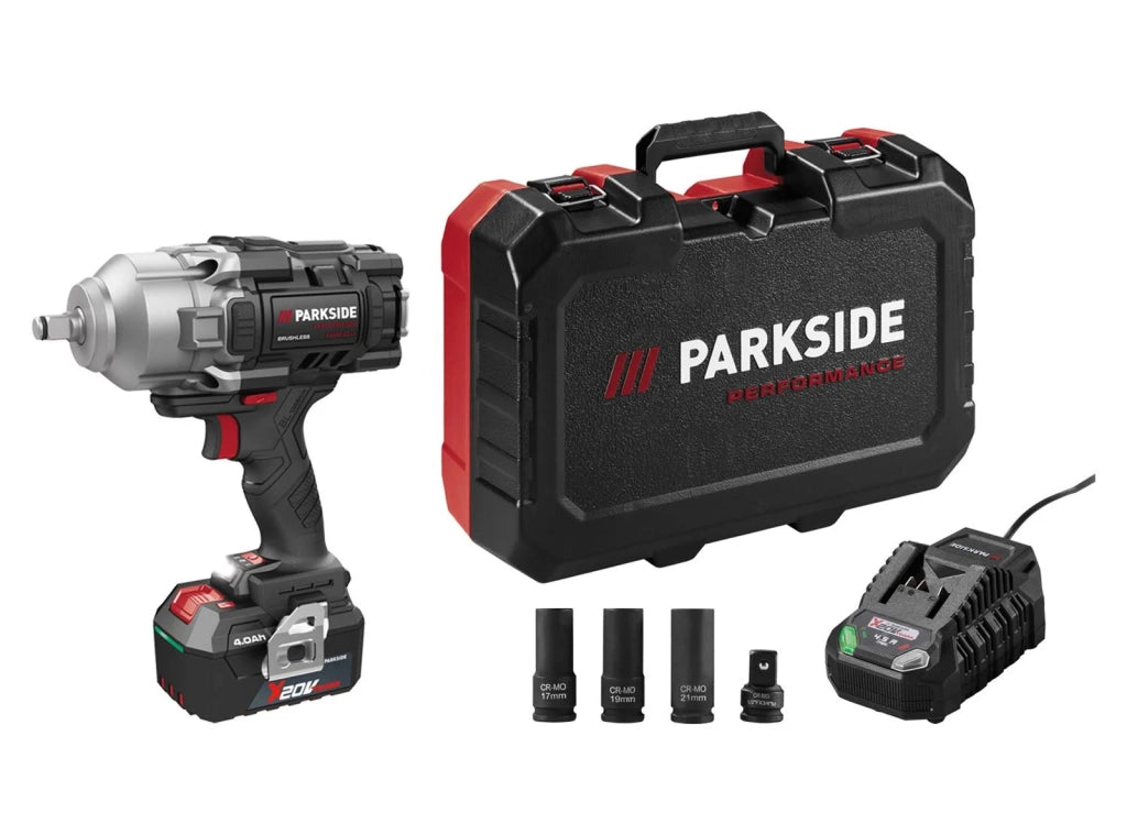Avvitatore a Impulsi Parkside PERFORMANCE PASSP 20-Li C4 da 130 a 1356 Nm da 20 V con Batteria e Caricabatteria con Bussole Montaggio Gomme - Prodotto Esposto