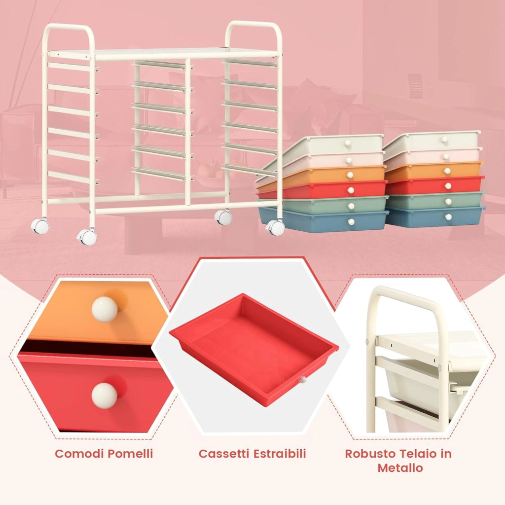 Carrello di Stoccaggio con 12 Cassetti, Carrello portaoggetti con 4 Ruote, Carrello Multiuso per Scuola Ufficio Cucina, 64 x 38 x 62 cm (12 cassetti Macaron)