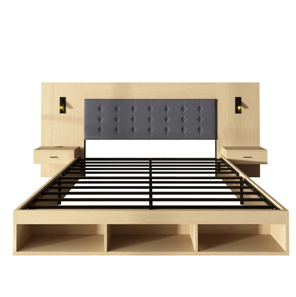 Letto matrimoniale 160x200 cm con luci orientabili; prese USB e Type-C; rovere chiaro in MDF