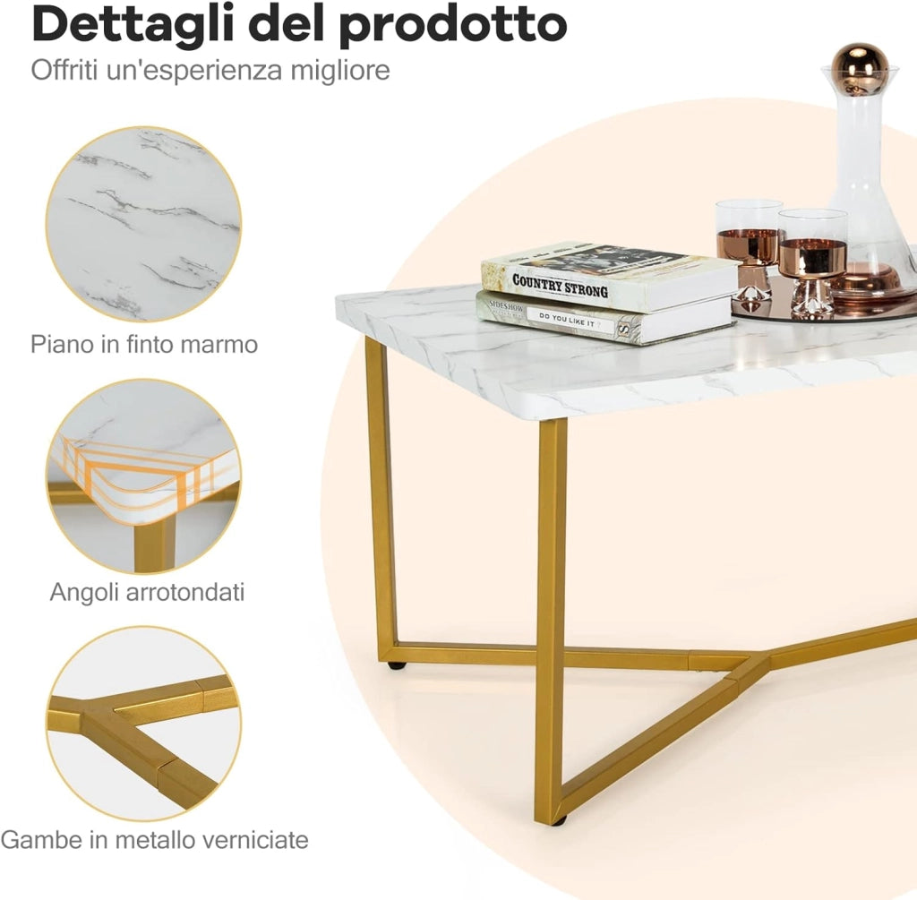 Tavolino da Salotto, Tavolino da Caffè Rettangolare con Effetto Marmo Bianco Lucido, 107 x 60 x 45,5 cm
