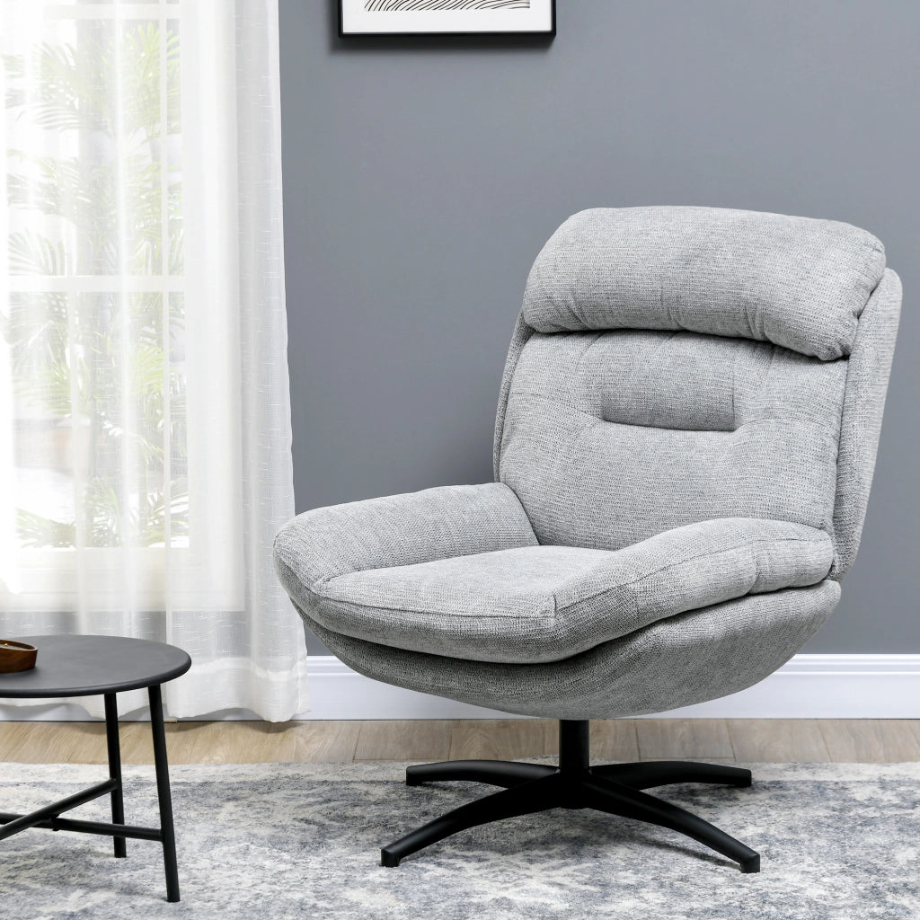 Poltrona girevole 360° in chenille grigio, con braccioli integrati, seduta imbottita e gambe in acciaio nero, per soggiorno