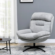 Poltrona girevole 360° in chenille grigio, con braccioli integrati, seduta imbottita e gambe in acciaio nero, per soggiorno