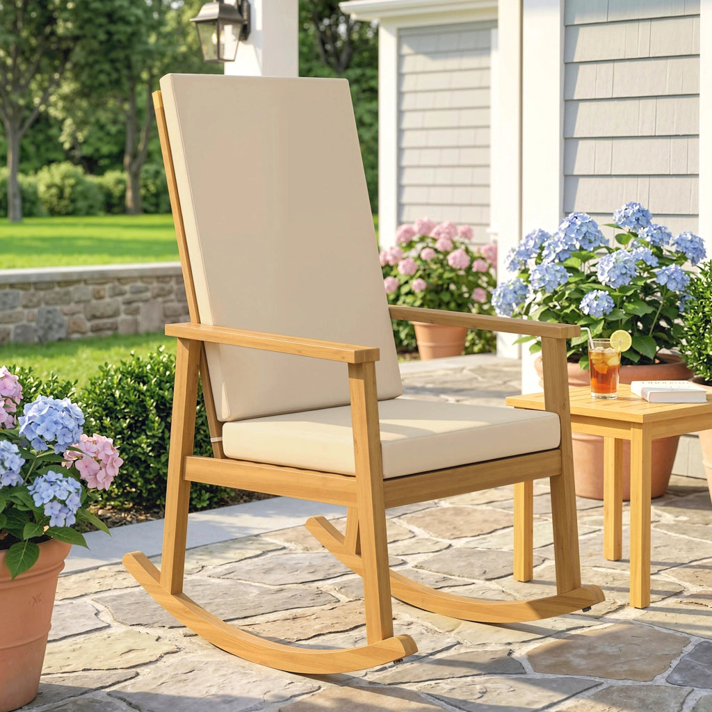 Sedia a dondolo in legno di acacia Sedia a dondolo con schienale alto cuscini fino a 160 kg 60 x 89 x 107 cm Beige