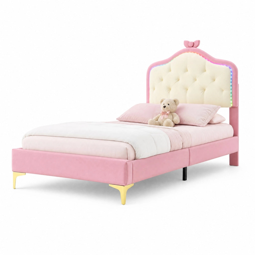 Letto imbottito singolo con testiera a onda e luci LED