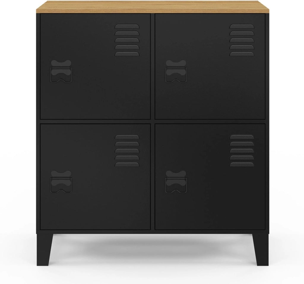 ESTER Credenza a 4 ante in metallo nero con piano in legno dal design industriale, altezza 70 cm