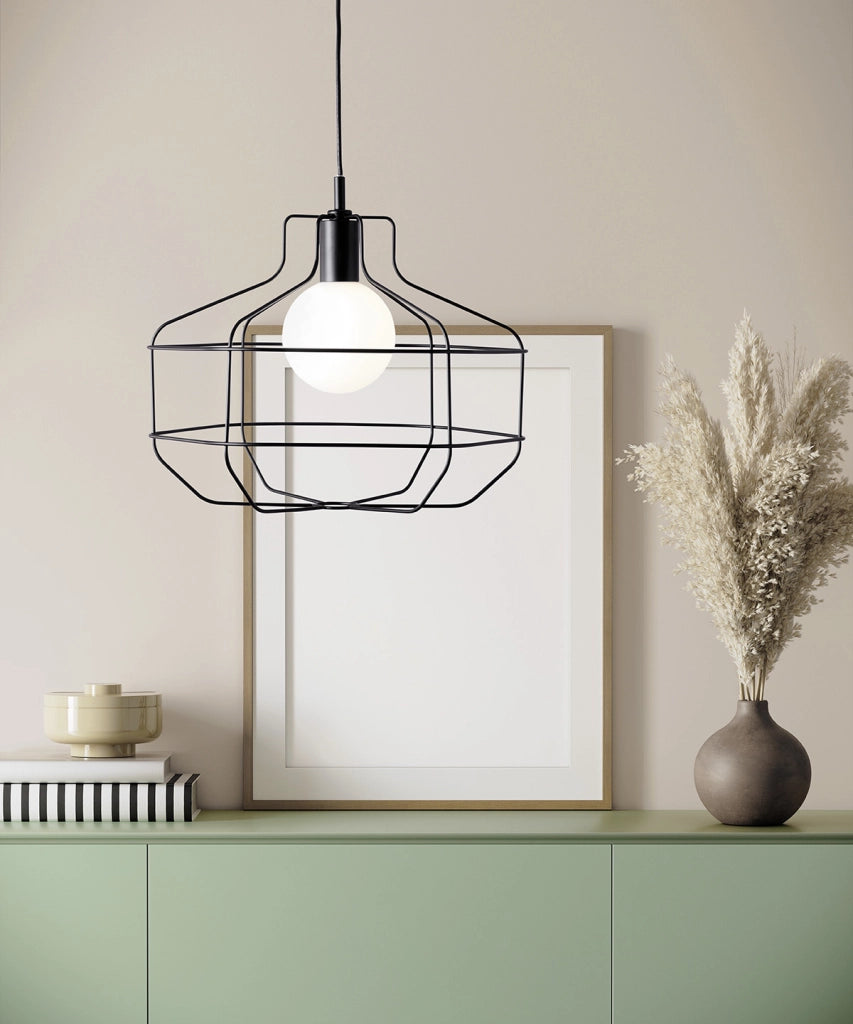 WIRE SOSPENSIONE GABBIA 1 LUCE NERO VETRO OPALINO ATTACCO G9