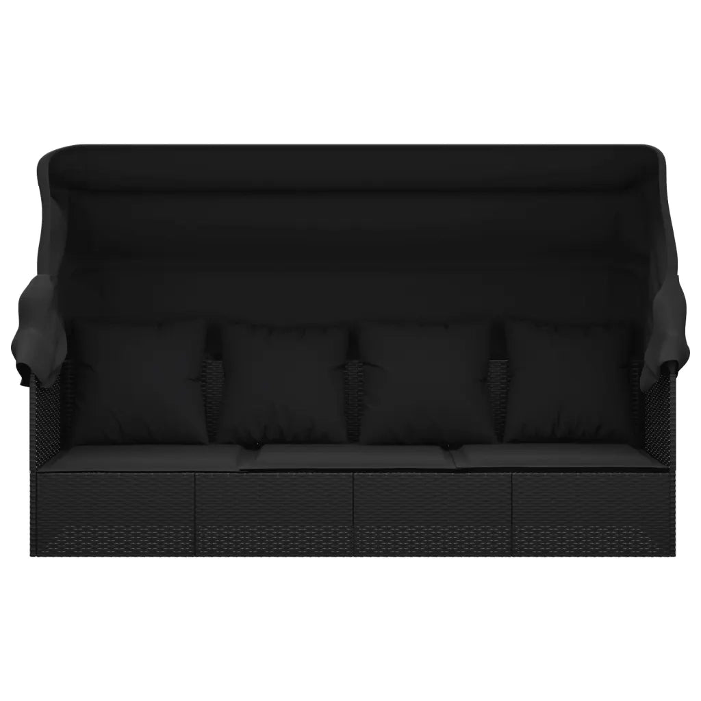 Lettino Prendisole Esterno con Tetto e Cuscini Nero Polyrattan 319569