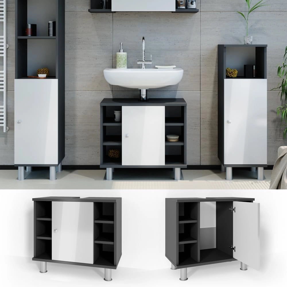 Mobile sottolavabo per bagno Fynn, Antracite, 60 x 54 cm, con intaglio per sifone e ripiani aperti
