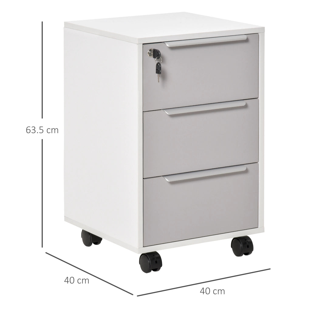 Cassettiera Portadocumenti a 4 Ruote 40x40x63,5 cm a 3 Cassetti con Chiavi di Sicurezza in MDF Bianco e Grigio